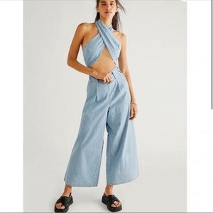 Free People Light Blue Cross-Front Wide-Leg Jumpsuit